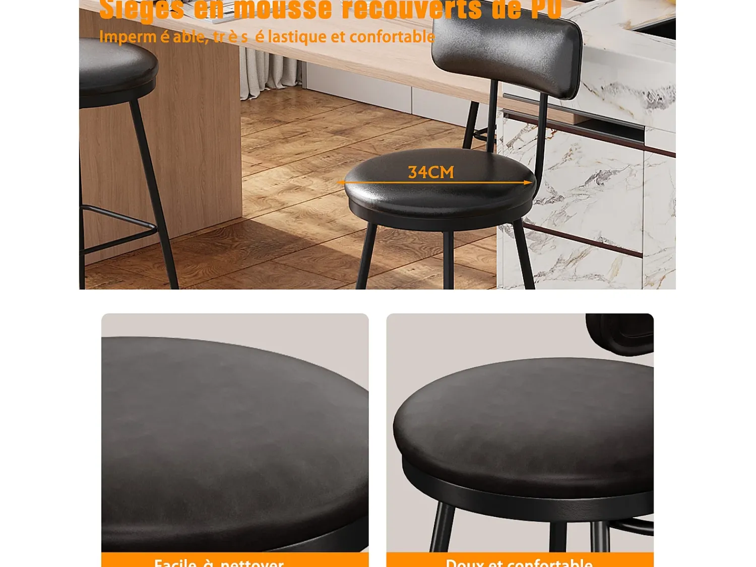 Banco| 4 cadeiras de balcão pretas com encosto, couro sintético, altura do assento 65 cm Preto