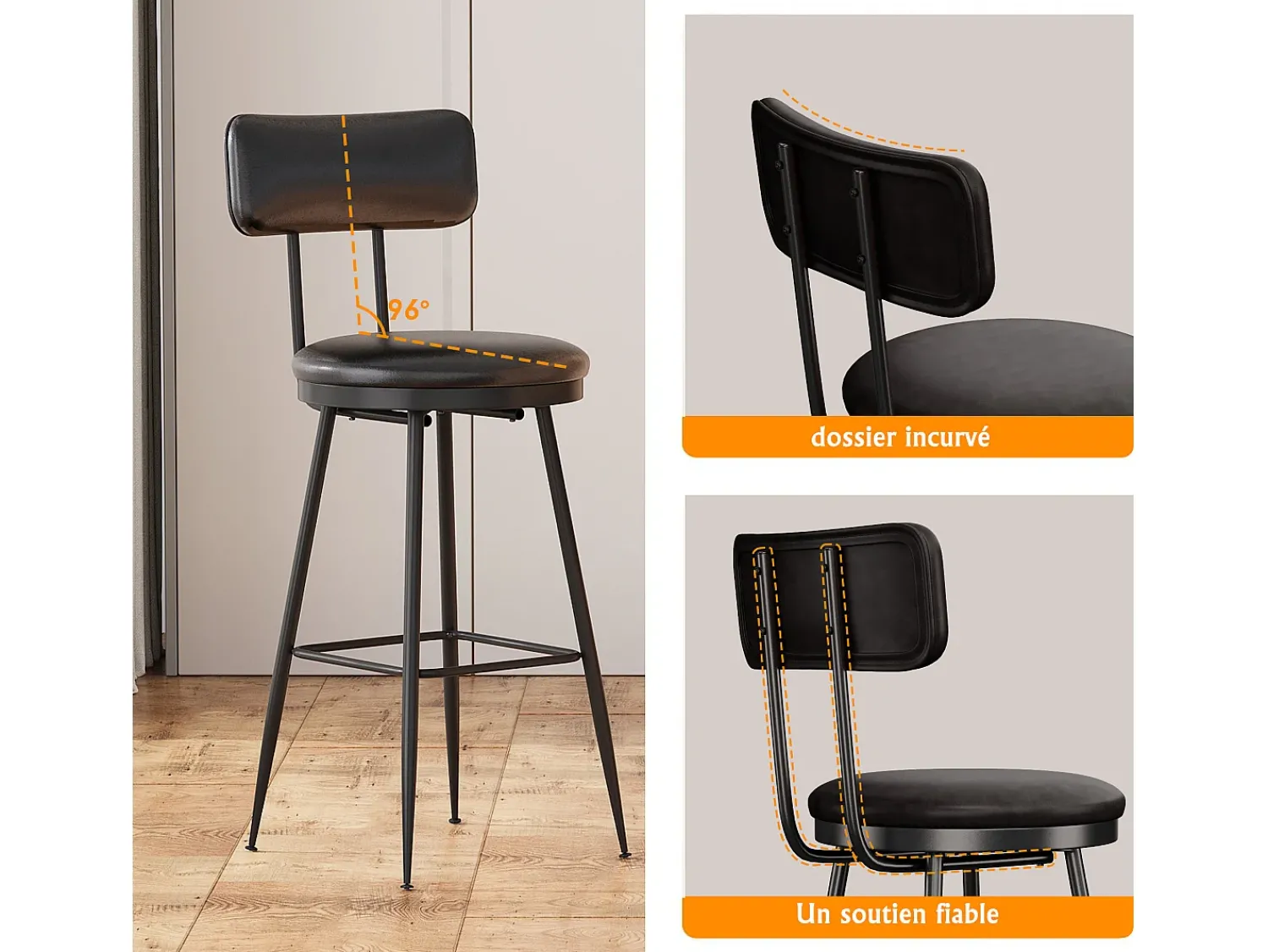 Banco| 4 cadeiras de balcão pretas com encosto, couro sintético, altura do assento 65 cm Preto
