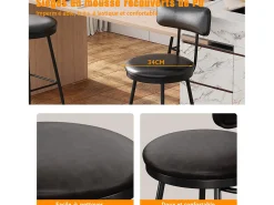 New 2 cadeiras de balcão pretas com encosto, couro sintético, altura do assento 65 cm, para cozinha Preto