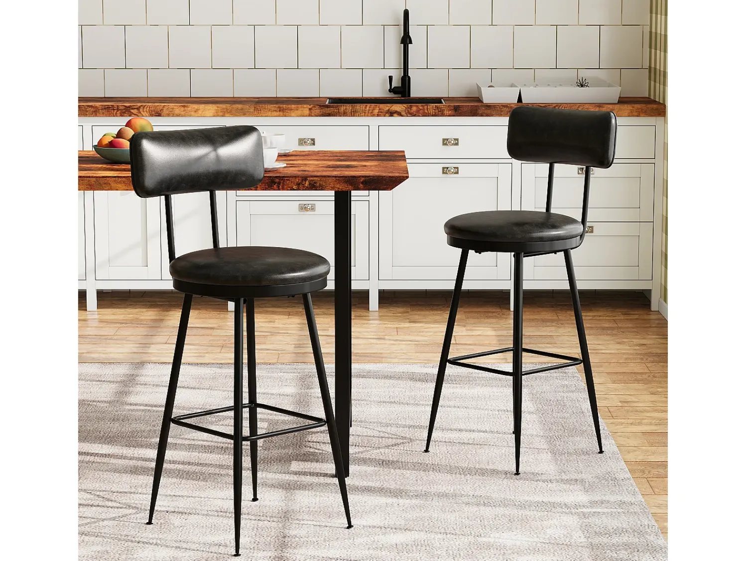 New 2 cadeiras de balcão pretas com encosto, couro sintético, altura do assento 65 cm, para cozinha Preto