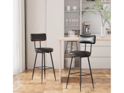 New 2 cadeiras de balcão pretas com encosto, couro sintético, altura do assento 65 cm, para cozinha Preto