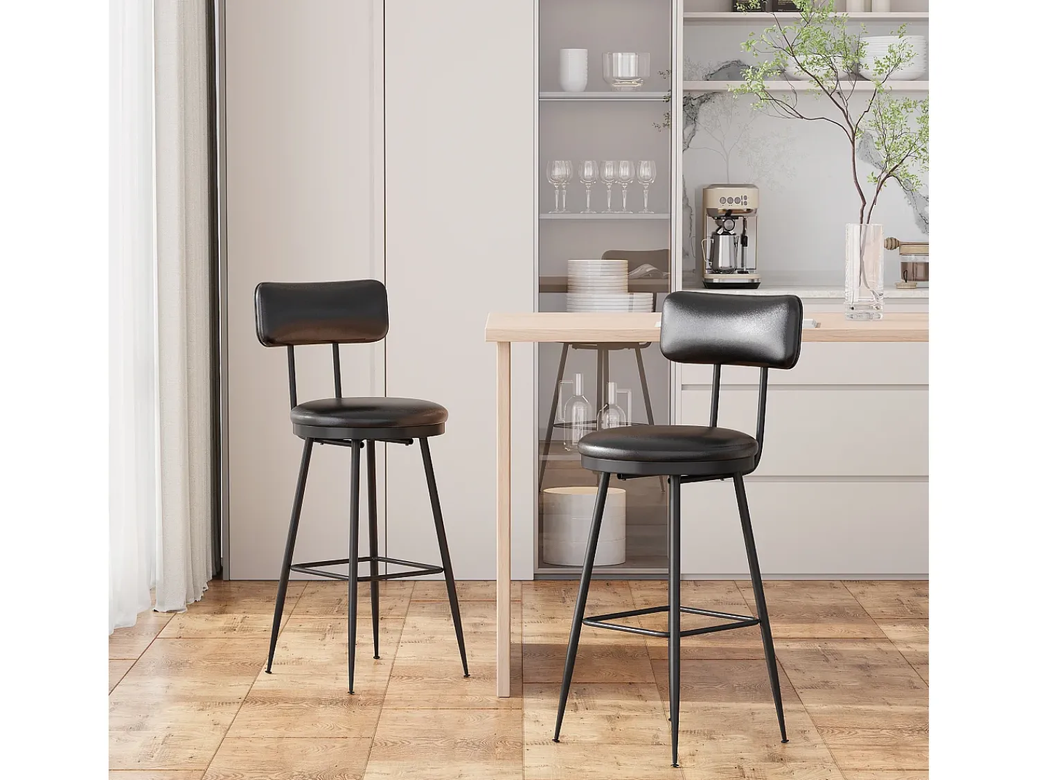 New 2 cadeiras de balcão pretas com encosto, couro sintético, altura do assento 65 cm, para cozinha Preto