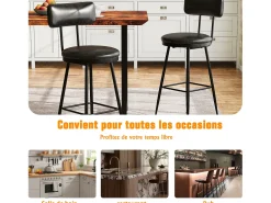 New 2 cadeiras de balcão pretas com encosto, couro sintético, altura do assento 65 cm, para cozinha Preto