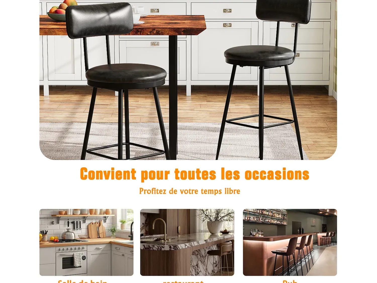 New 2 cadeiras de balcão pretas com encosto, couro sintético, altura do assento 65 cm, para cozinha Preto