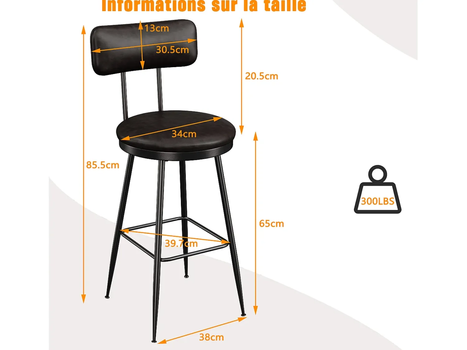 New 2 cadeiras de balcão pretas com encosto, couro sintético, altura do assento 65 cm, para cozinha Preto