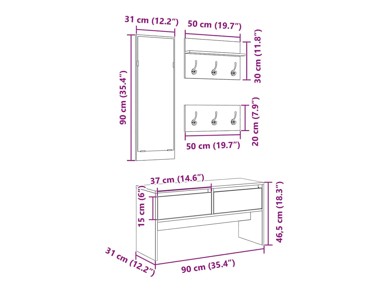 vidaxl 4 pcs conj. de móveis de corredor derivados de madeira^ Móvel De Entrada