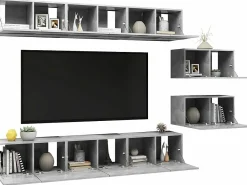 Móvel De Tv| 8 pcs conjunto de móveis de TV derivados madeira cinza cimento PT975943 Cinzento