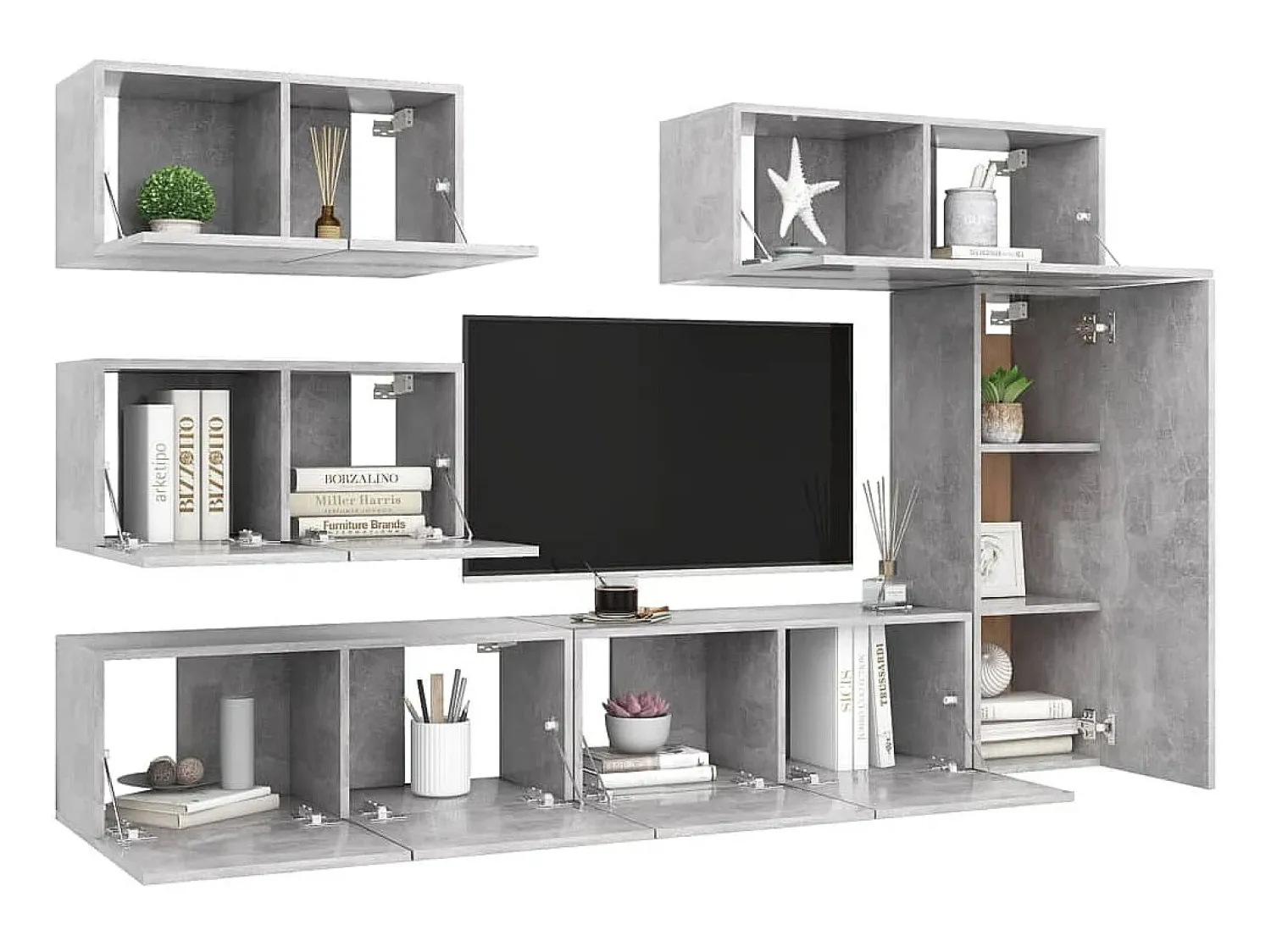 6 pcs conjunto de móveis de TV derivados madeira cinza cimento PT532315^ Móvel De Tv