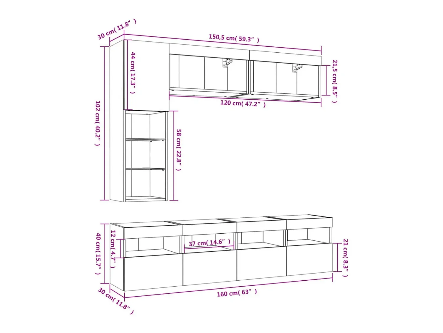 Móvel De Tv|vidaxl 7 pcs conjunto de móveis de parede para TV com luzes LED Branco