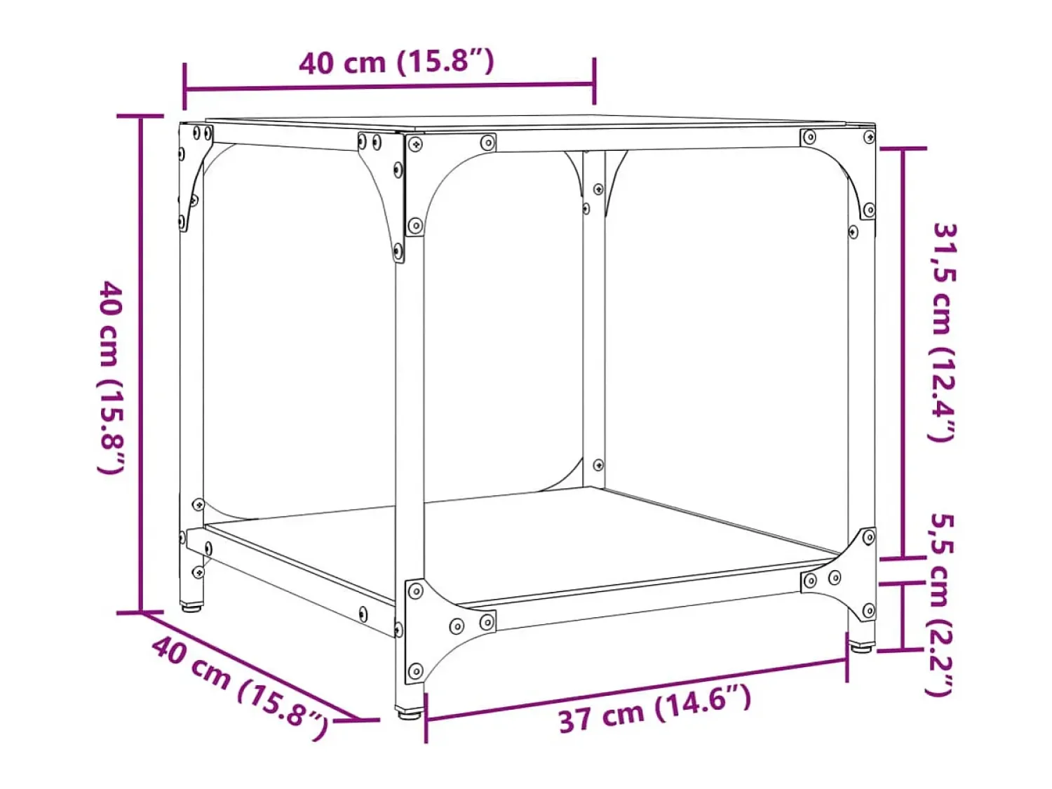 Clearance 2 pcs Mesas de centro | Mesa de apoio | Mesa de café c/ topo vidro 40x40x40cm aço Transparente