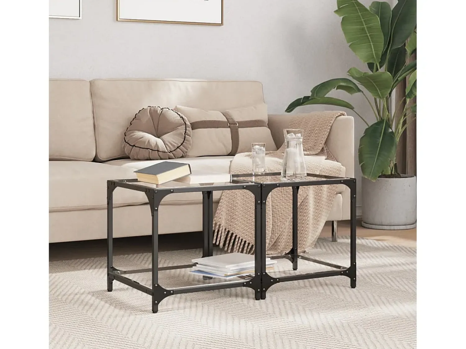 Clearance 2 pcs Mesas de centro | Mesa de apoio | Mesa de café c/ topo vidro 40x40x40cm aço Transparente