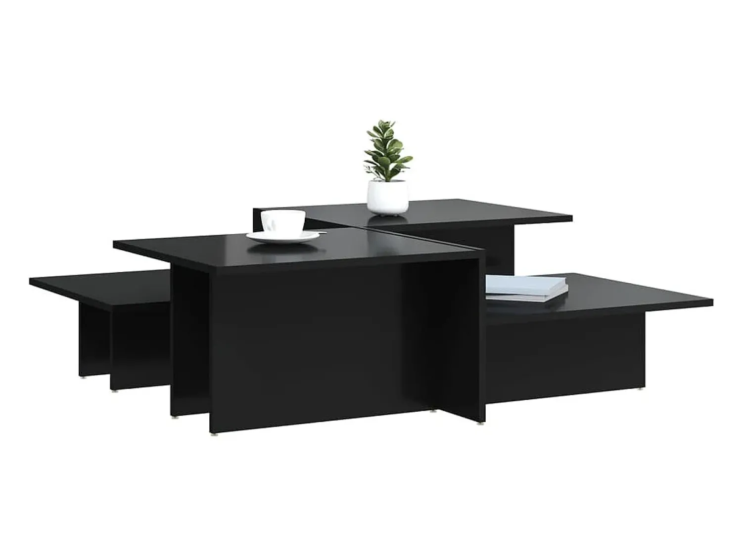 Mesa De Centro| 2 pcs Mesas de centro | Mesa de apoio | Mesa de café derivados de madeira brilhante Preto