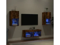 Móvel De Tv| 4 pcs móveis de parede para TV com luzes LED carvalho fumado PT912528 Castanho
