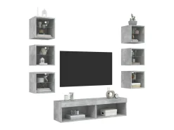 Móvel De Tv| 8 pcs móveis parede p/ TV c/ LEDs deriv. madeira cinza cimento PT531968 Cinzento