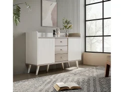 Mesa De Centro*Merax Aparador moderno com 2 portas 3 gavetas - prateleira de armazenamento - grão requintado - cores e bege Branco