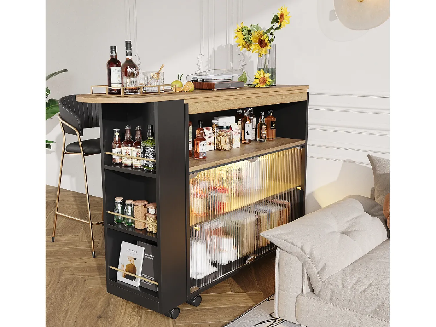 Móvel De Bar*ModernLuxe Aparador、Armário bar giratório e retrátil com LED - compartimentos e suporte para temperos - Preto