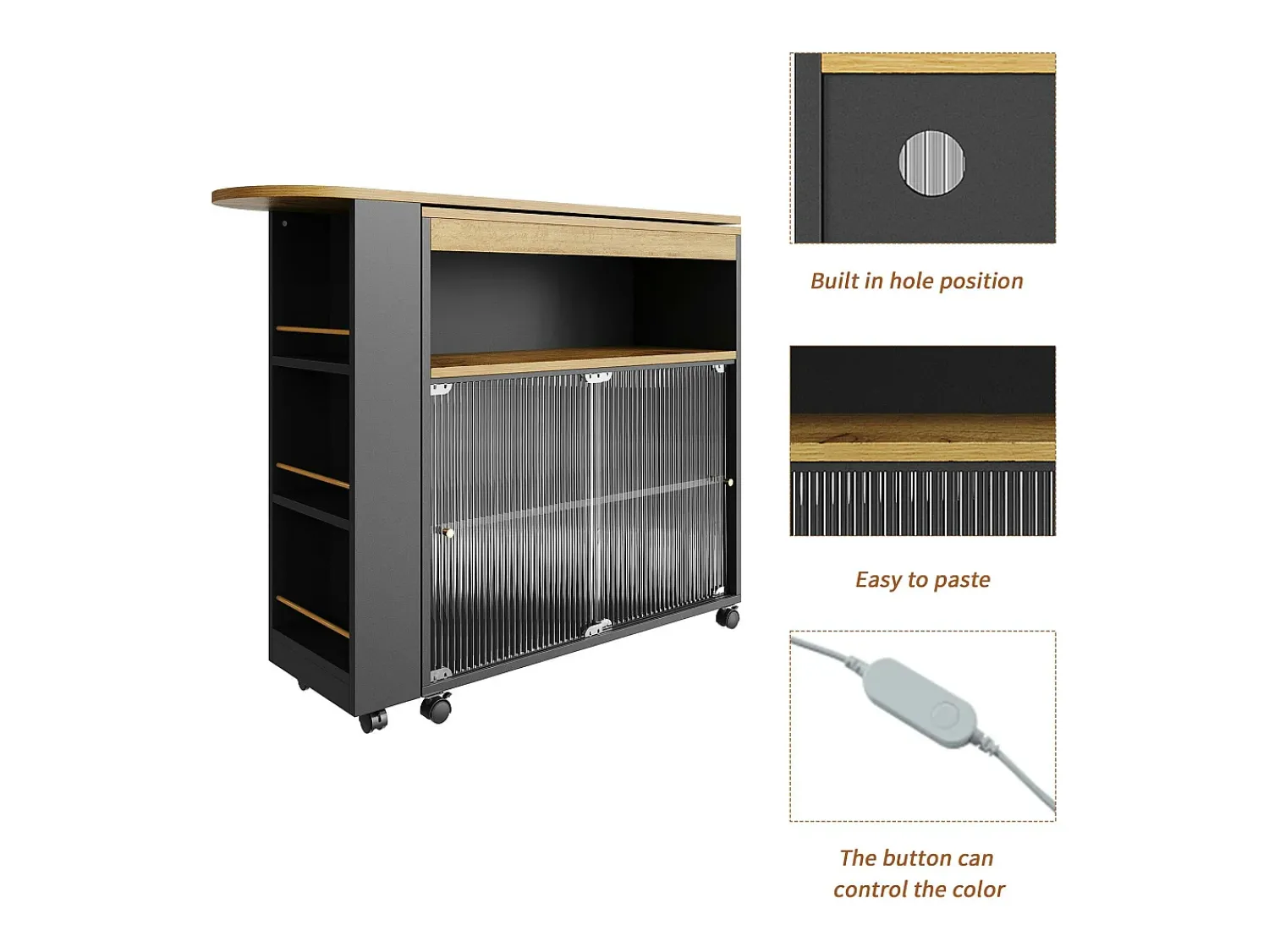 Móvel De Bar*ModernLuxe Aparador、Armário bar giratório e retrátil com LED - compartimentos e suporte para temperos - Preto