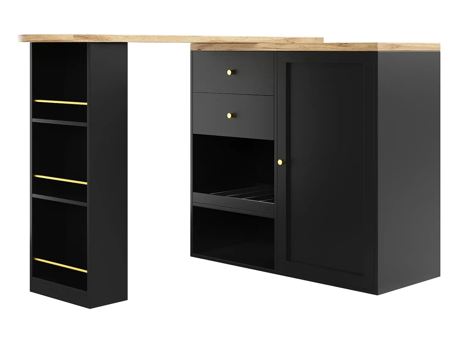 Móvel De Bar|ModernLuxe Aparador、Móvel bar giratório e retrátil - 2 gavetas e 6 compartimentos - Preto