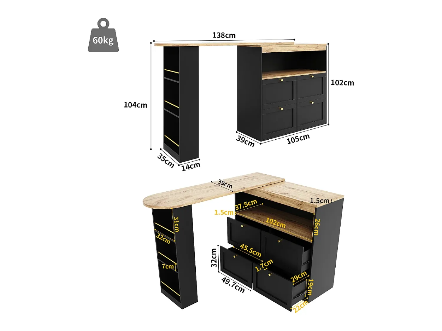 Móvel De Bar|ModernLuxe Aparador、Móvel bar giratório e retrátil - 4 gavetas e 4 compartimentos - Preto