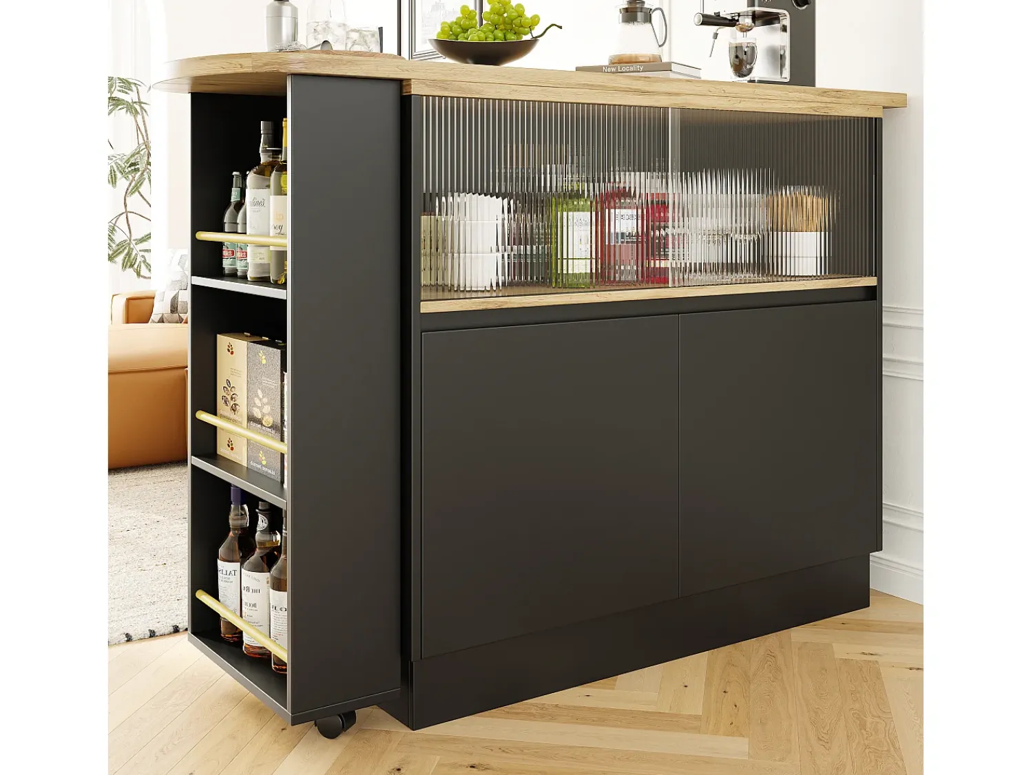 Móvel De Bar|ModernLuxe Aparador、Móvel de bar giratório e retrátil em MDF - amplo espaço de arrumação - estilo contemporâneo - Preto