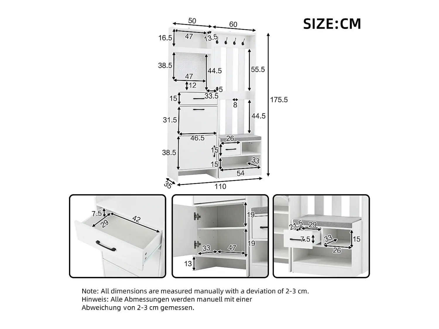 New Hauss Spole Armário com 2 gavetas, 2 portas, banco e ganchos, painel perfurado 110x35x175,5cm Branco