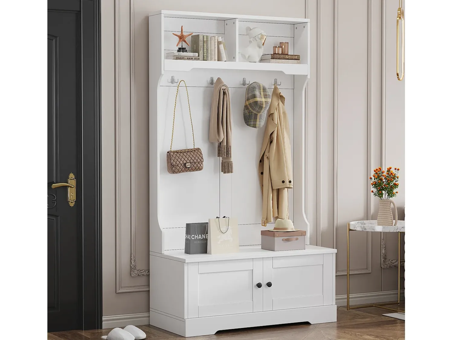Móvel De Entrada|Hauss Spole Armário com 2 portas e 4 ganchos, em aglomerado, estilo minimalista. Branco