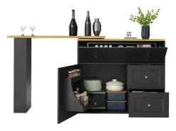 Móvel De Bar*Merax Armário de bar extensível - 138-204 x 39 x 105 cm - com prateleira para lanches + 2 gavetas + 2 portas - MDF + Metal - Preto