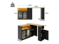 Móvel De Bar|Merax Armário de bar giratório - 4 portas e prateleiras de armazenamento - LEDs - Madeira MDF - e Natural Preto