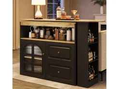 Móvel De Bar*Merax Armário de bar giratório - 204 x 39 x 104 cm - com 2 gavetas + 1 porta + 3 prateleiras para lanches - MDF - Preto