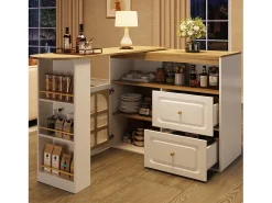 Móvel De Bar|Merax Armário de bar giratório - 204 x 39 x 104 cm - com 2 gavetas + 1 porta + 3 prateleiras para lanches - MDF - Branco