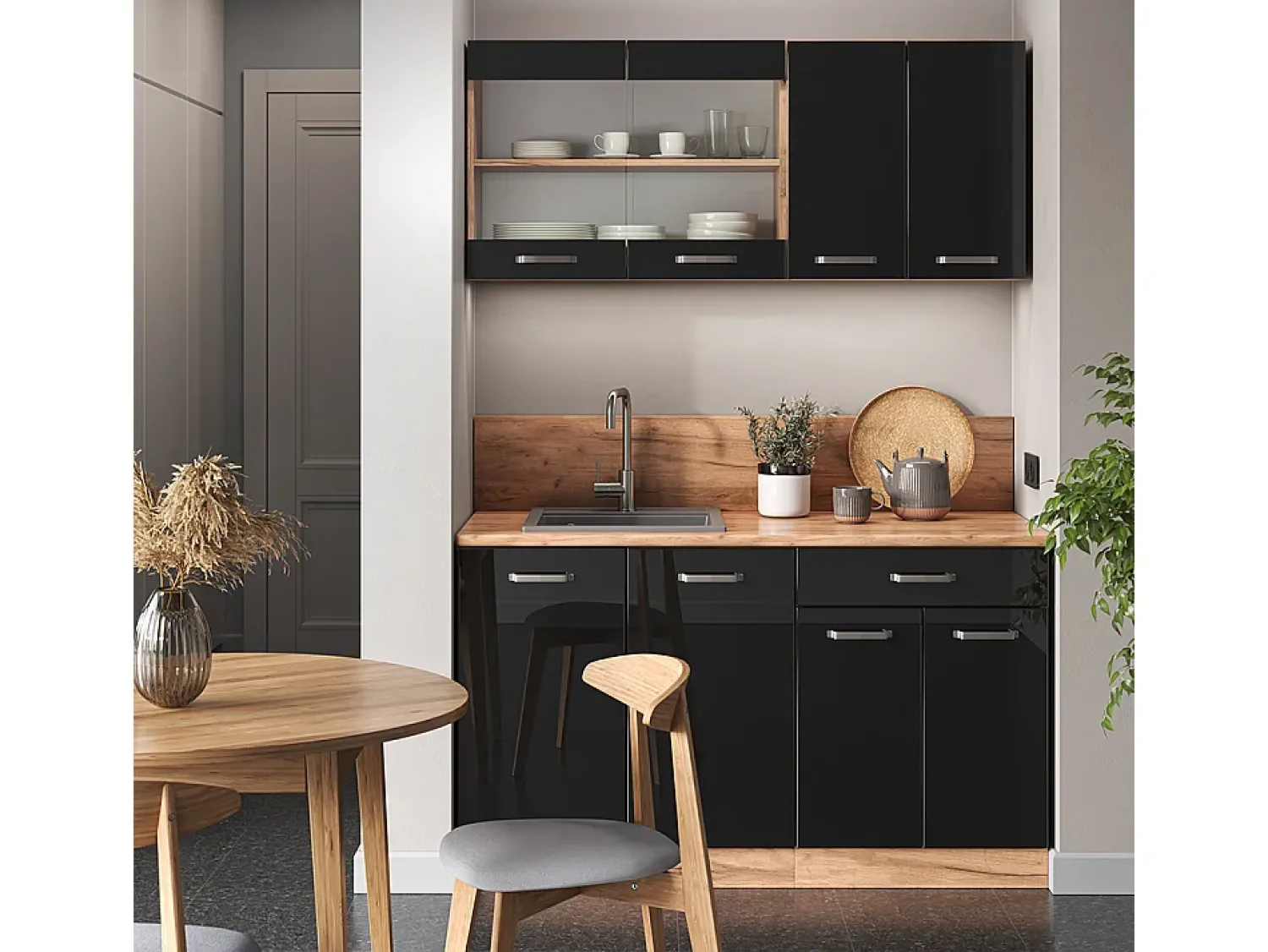 Móvel De Arrumação*Vicco Armário de cozinha para sótão inclinado alto brilho 210x46x81.6 r-line Preto