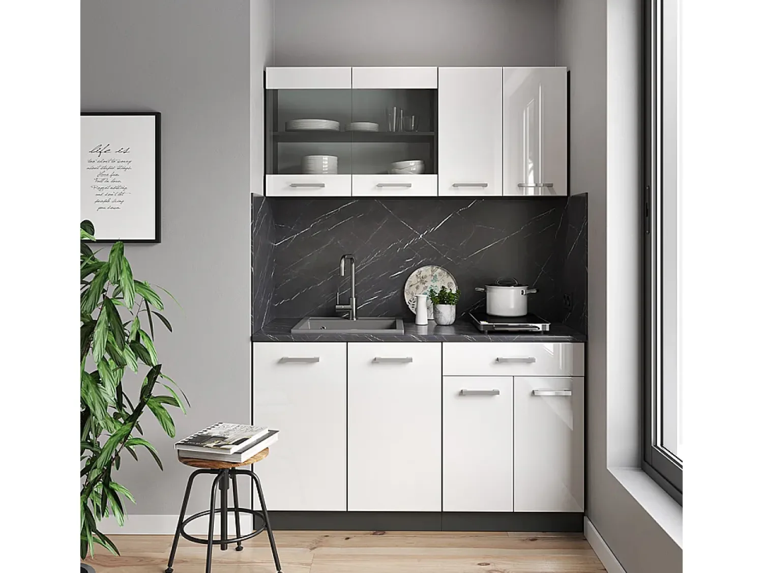 Vicco Armário de cozinha para sótão inclinado alto brilho 120x46x81.6 r-line^ Móvel De Arrumação