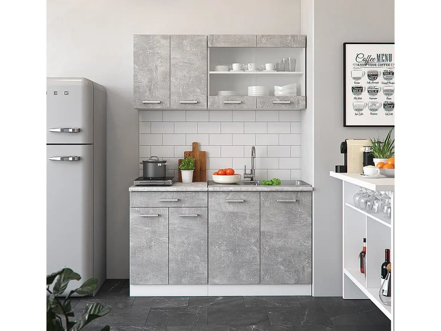 Outlet Vicco Armário de cozinha para sótão inclinado betão 210x46x81.6 r-line Cinzento claro
