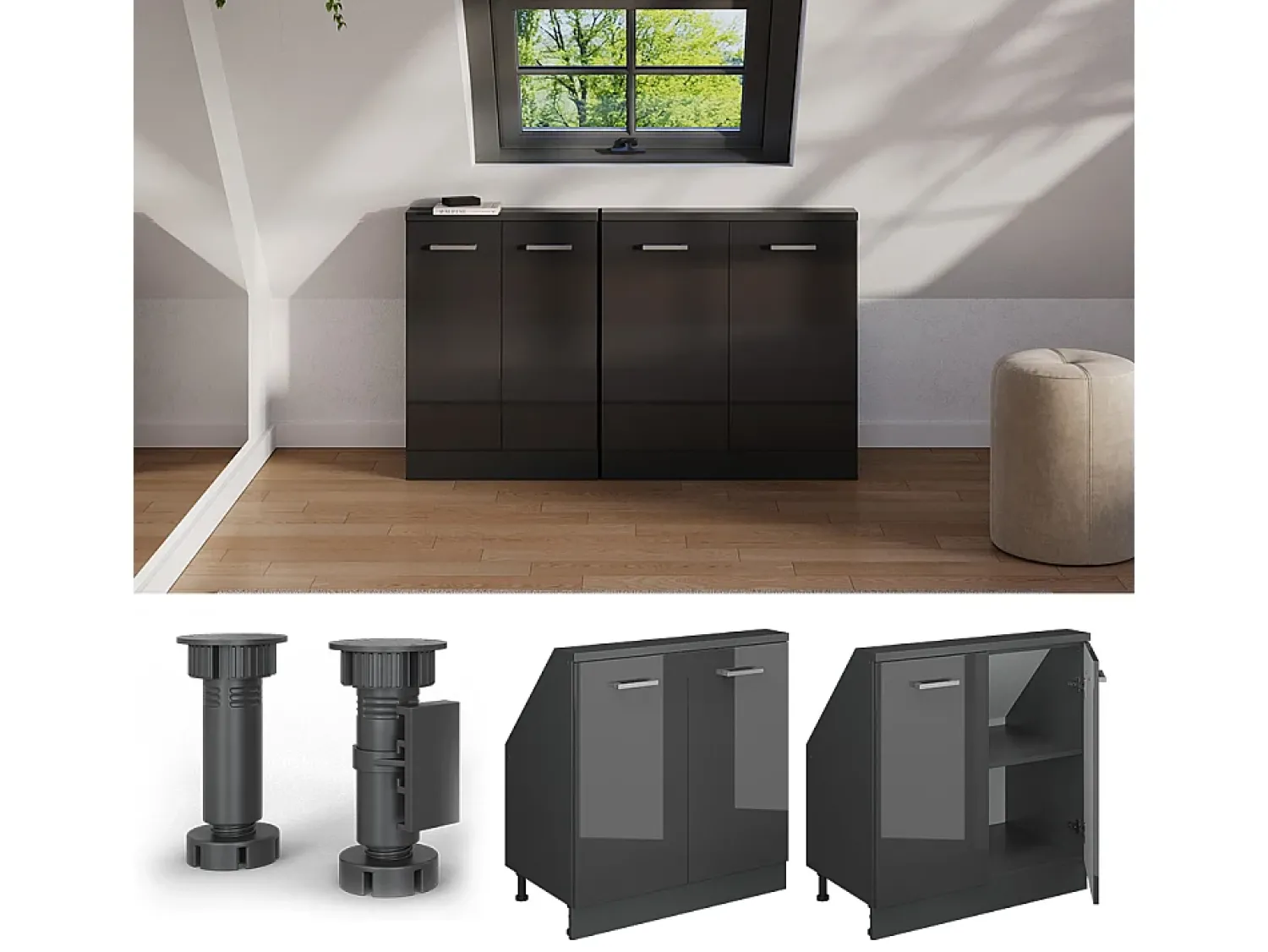 Móvel De Arrumação|Vicco Armário de cozinha para sótão inclinado antracite alto brilho 80x46x81.6 r-line Cinza antracite