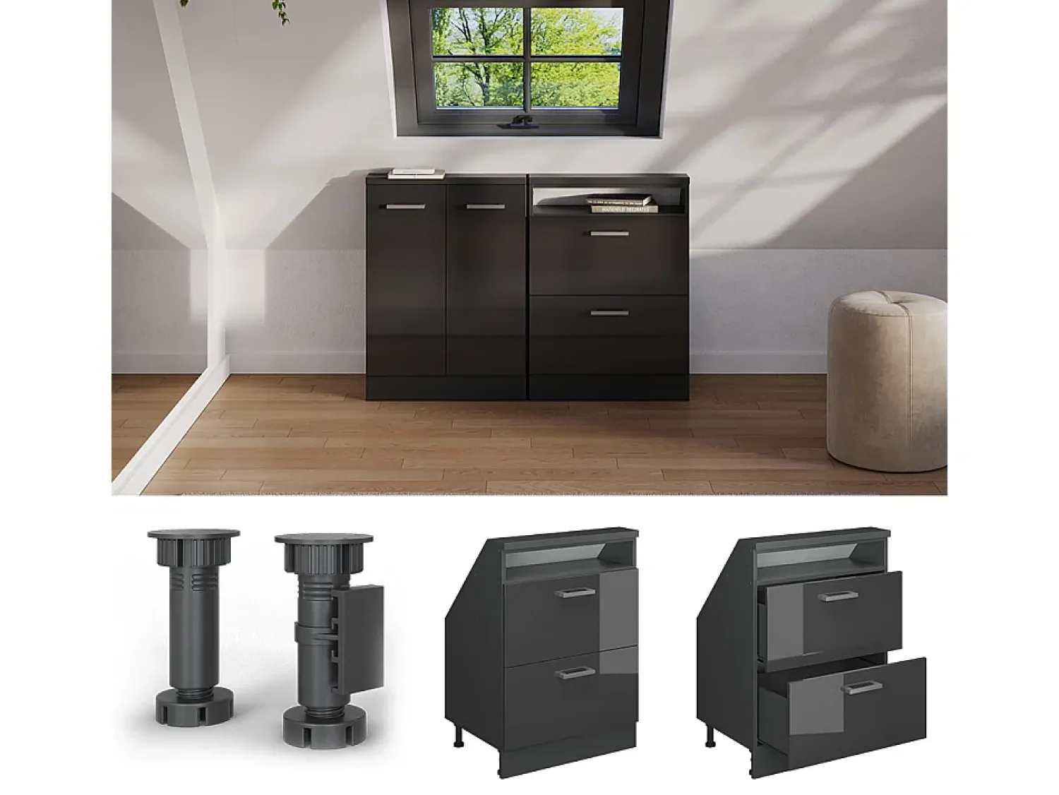 Vicco Armário de cozinha para sótão inclinado antracite alto brilho 60x46x81.6 r-line Cinza antracite