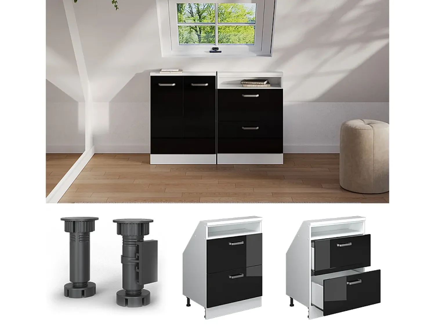 Best Vicco Armário de cozinha para sótão inclinado alto brilho 60x46x81.6 r-line Preto