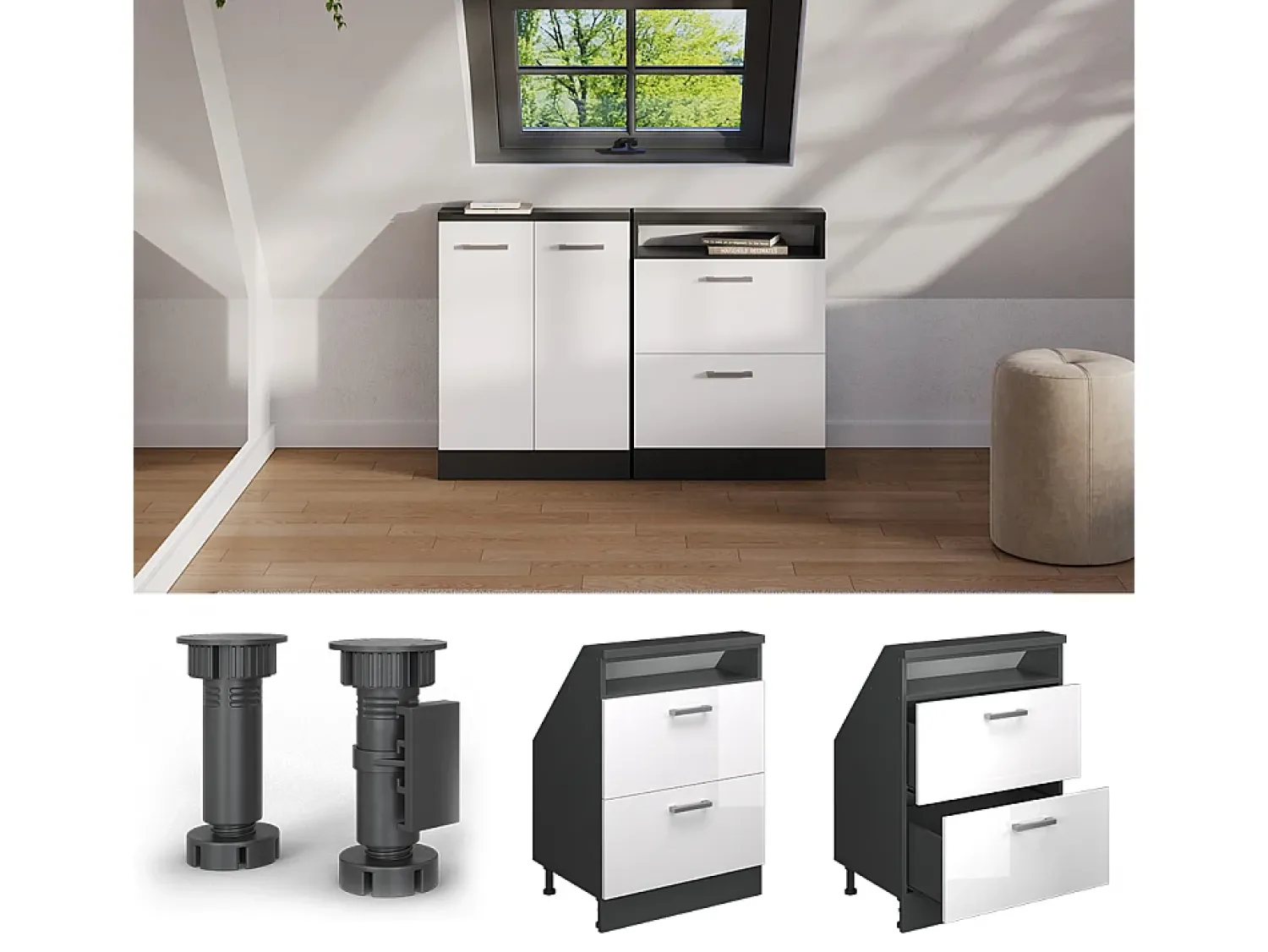 Clearance Vicco Armário de cozinha para sótão inclinado alto brilho 60x46x81.6 r-line Branco