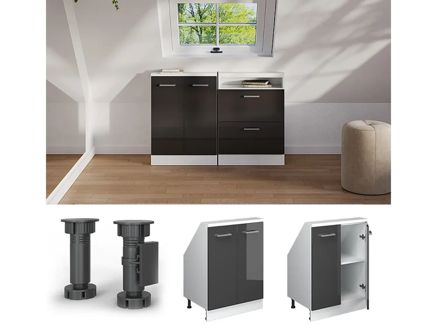 Vicco Armário de cozinha para sótão inclinado antracite alto brilho 60x46x81.6 r-line^ Móvel De Arrumação