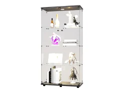 Vitrina* Armário de exposição LED em vidro 4 prateleiras, 80,49 x 36,49 x 163,9 cm, prateleira em vidro com 2 portas, armário de exposição independente, Preto