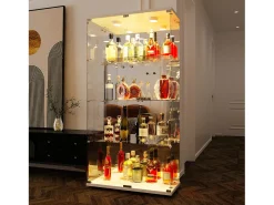 Vitrina| Armário de exposição LED em vidro 4 prateleiras, 80,49 x 36,49 x 163,9 cm, prateleira em vidro com 2 portas, armário de exposição independente, Branco