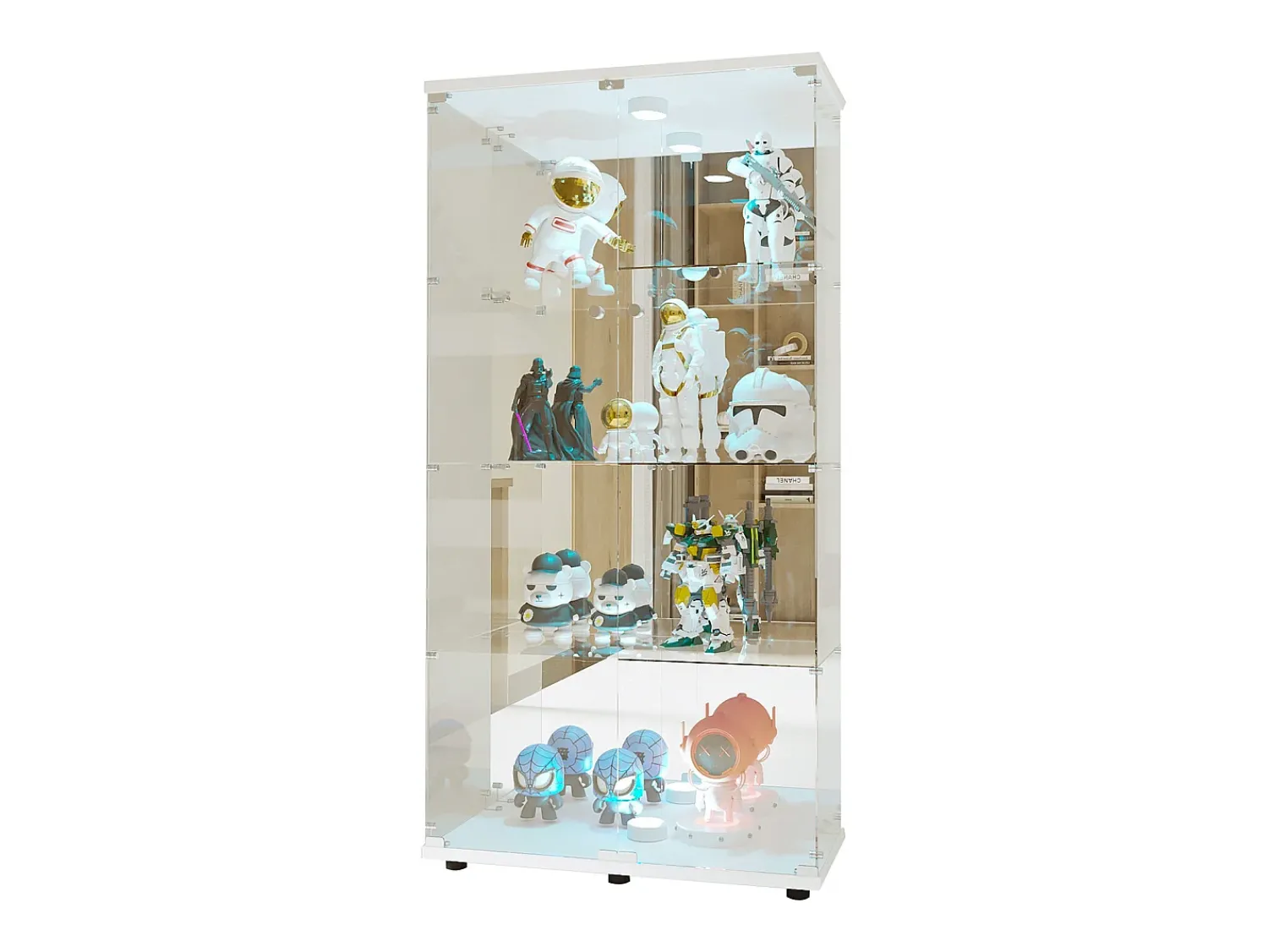 Vitrina| Armário de exposição LED em vidro 4 prateleiras, 80,49 x 36,49 x 163,9 cm, prateleira em vidro com 2 portas, armário de exposição independente, Branco
