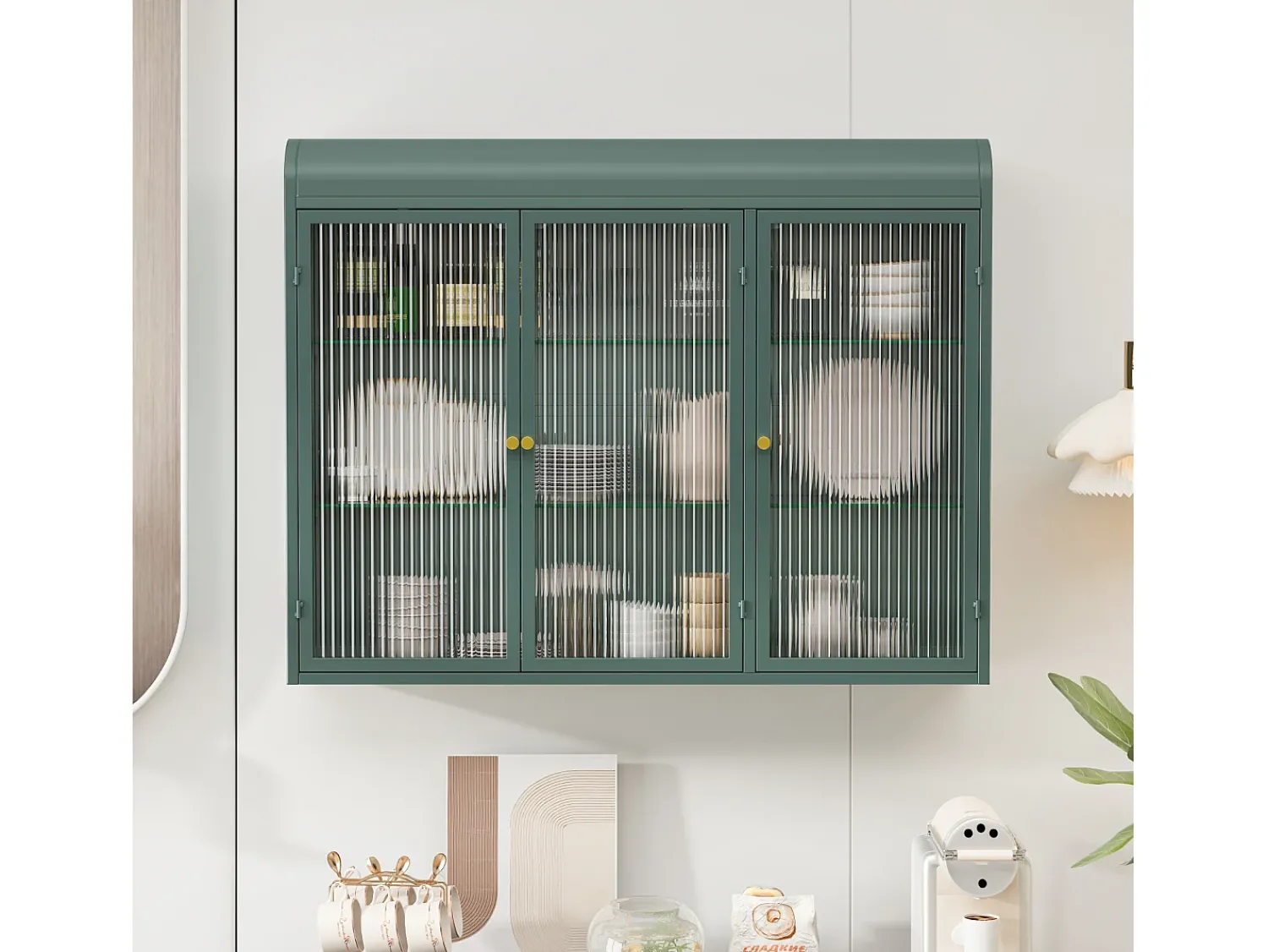 Prateleira| Armário de parede moderno com portas de vidro - para cozinha e banheiro - 90 × 20 × 70 cm, branco Verde