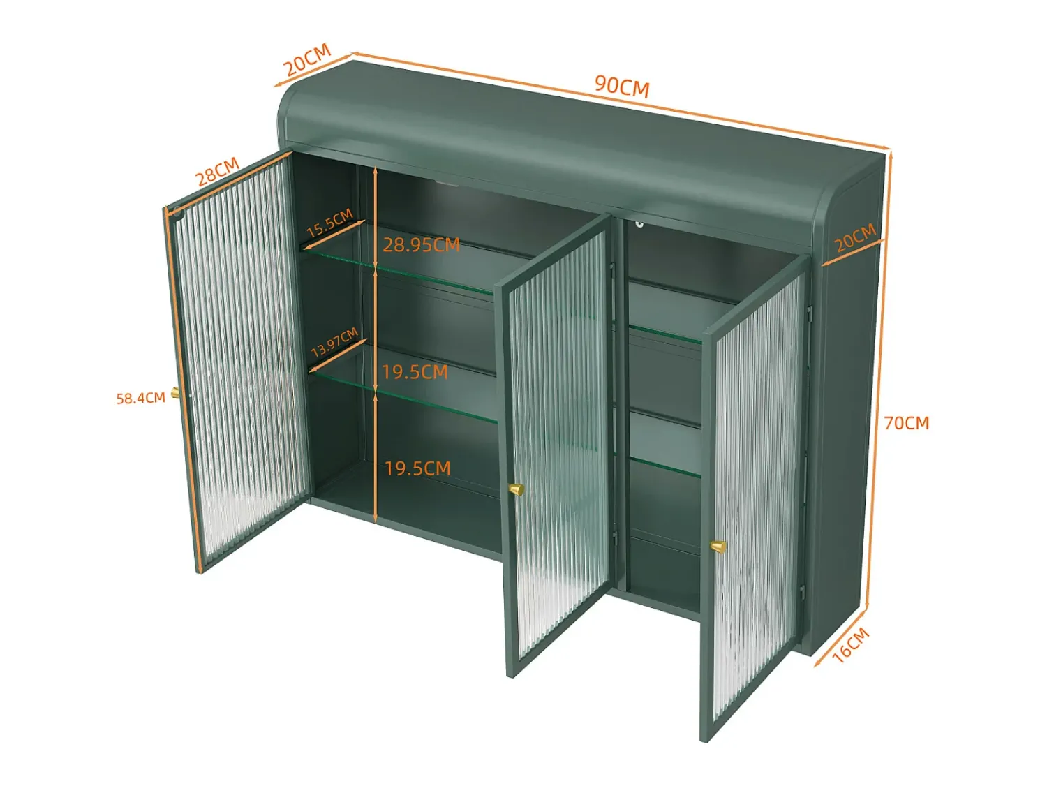 Prateleira| Armário de parede moderno com portas de vidro - para cozinha e banheiro - 90 × 20 × 70 cm, branco Verde