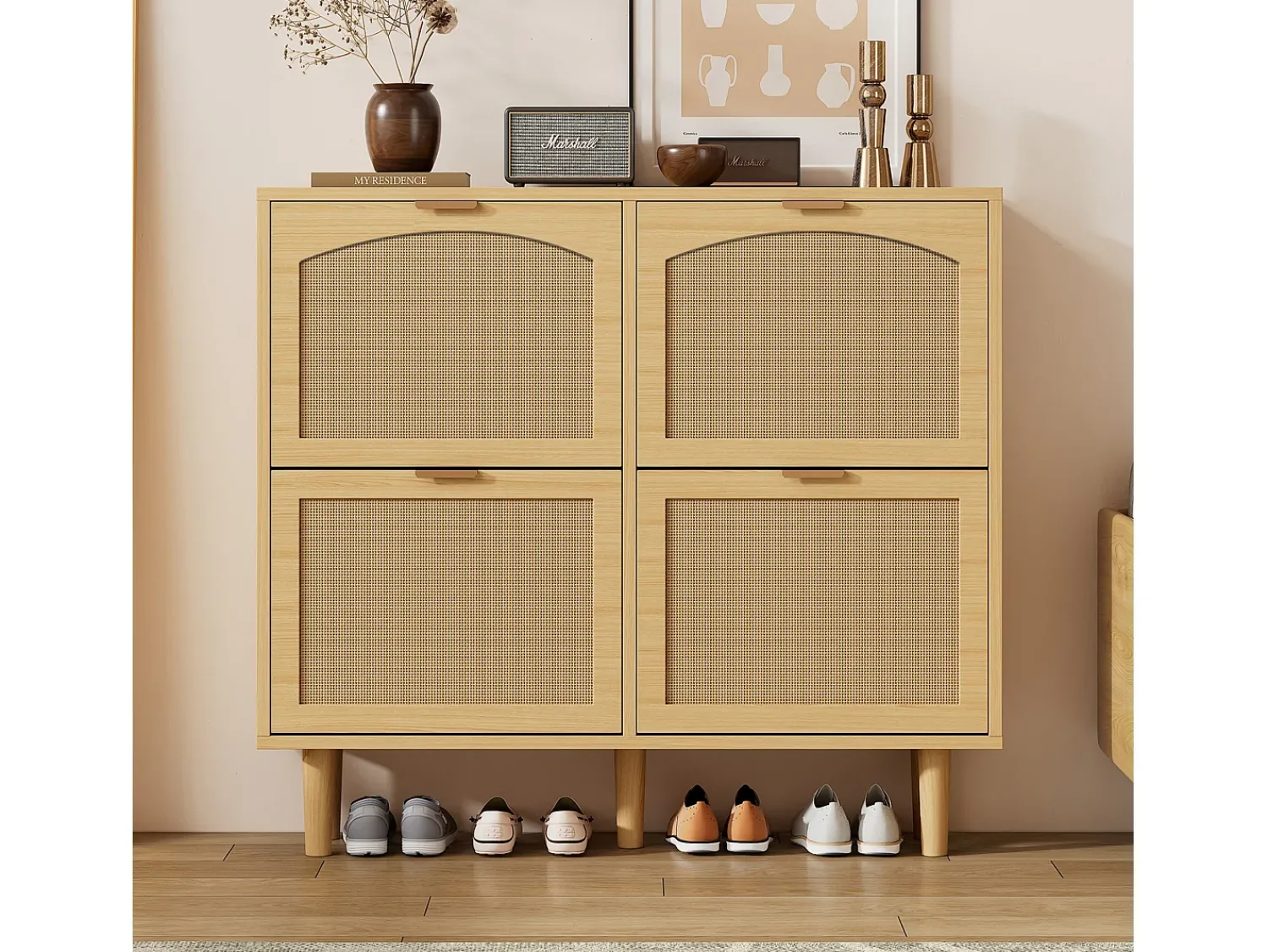 Online ModernLuxe Armário de sapatos em madeira e rattan - 4 portas basculantes - natural Natural claro