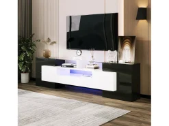 Móvel De Tv| Armário de TV 200cm, Branco Brilhante e , iluminação LED, superfície de vidro Preto