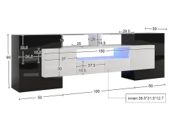 Móvel De Tv| Armário de TV 200cm, Branco Brilhante e , iluminação LED, superfície de vidro Preto