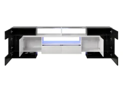 Móvel De Tv| Armário de TV 200cm, Branco Brilhante e , iluminação LED, superfície de vidro Preto