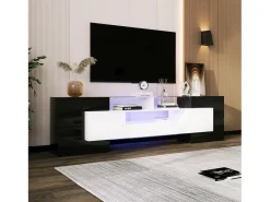 Móvel De Tv| Armário de TV 200cm, Branco Brilhante e , iluminação LED, superfície de vidro Preto