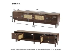Online Armário de TV 180cm, efeito de madeira escura, 2 portas de rattan, 4 gavetas, para até 80 polegadas Castanho