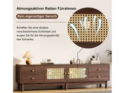 Online Armário de TV 180cm, efeito de madeira escura, 2 portas de rattan, 4 gavetas, para até 80 polegadas Castanho